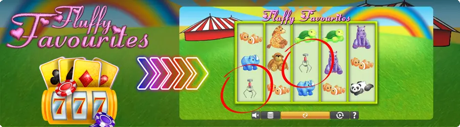 Fluffy Favourites bonus game trigger with toy pick symbols circled on reels