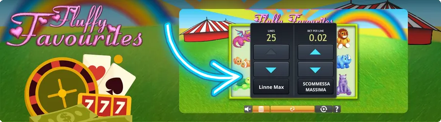 Fluffy Favourites bet settings panel showing 25 lines and 0.02 bet per line