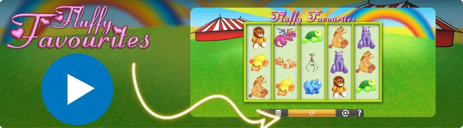 Fluffy Favourites spin button with play arrow pointing to slot reels with animal symbol