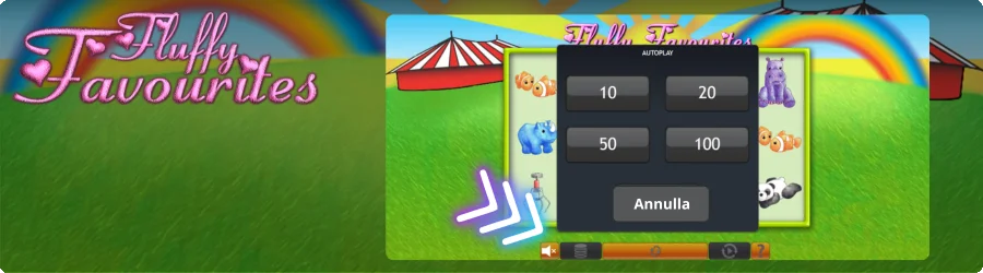 Fluffy Favourites autoplay menu with options 10 20 50 100 spins and cancel button